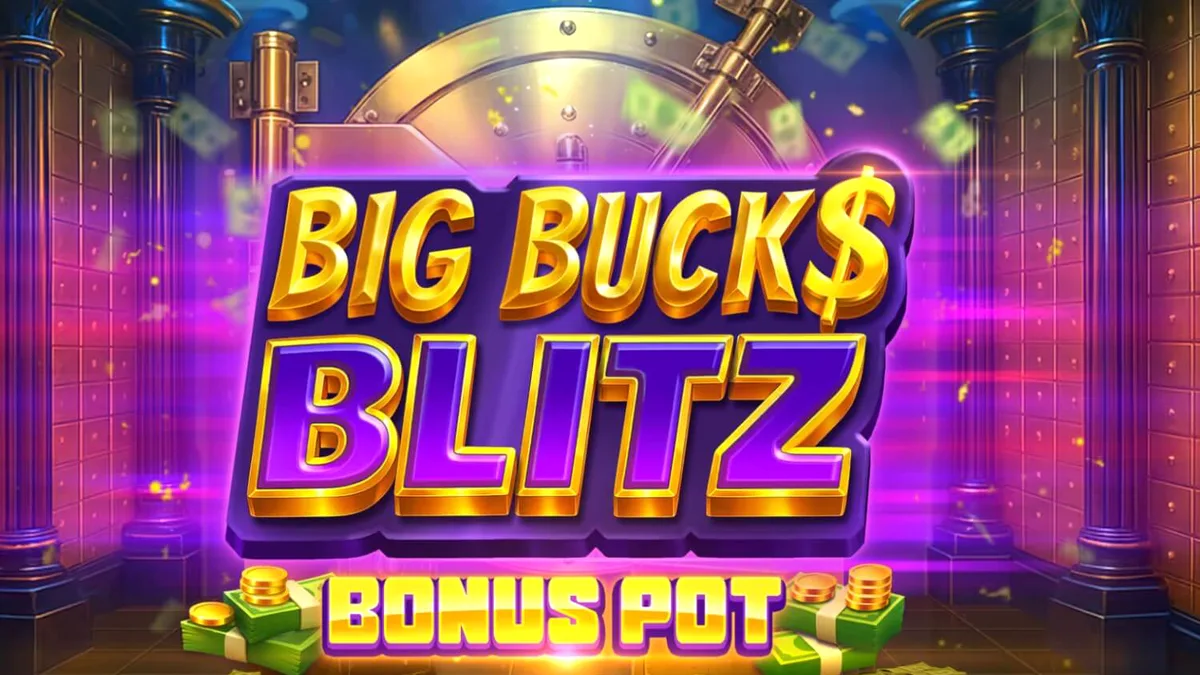 Interface do jogo de slot Big Bucks Blitz Bonus Pot com tema de cofre luxuoso