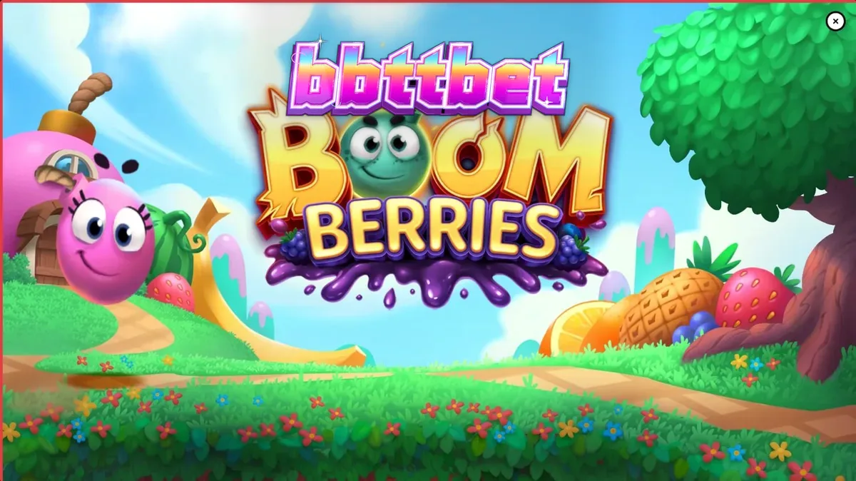 Cenário colorido e lúdico do slot Boomberries com frutas gigantes e casas em formato de bomba